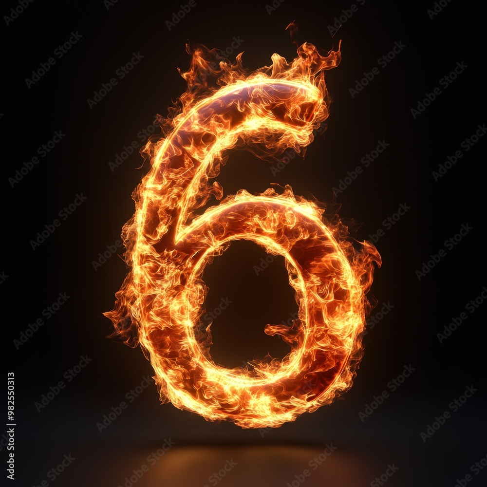 3D number 6 with fire texture realistic modern design, soft lighting, black background. 3D number 6 with fire texture realistic modern design, soft lighting, black background.