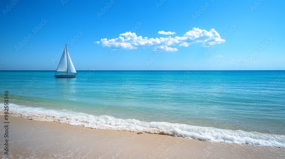 Obraz premium A sailboat with white sails glides across a tranquil blue sea on a sunny day with a sandy beach in the foreground.