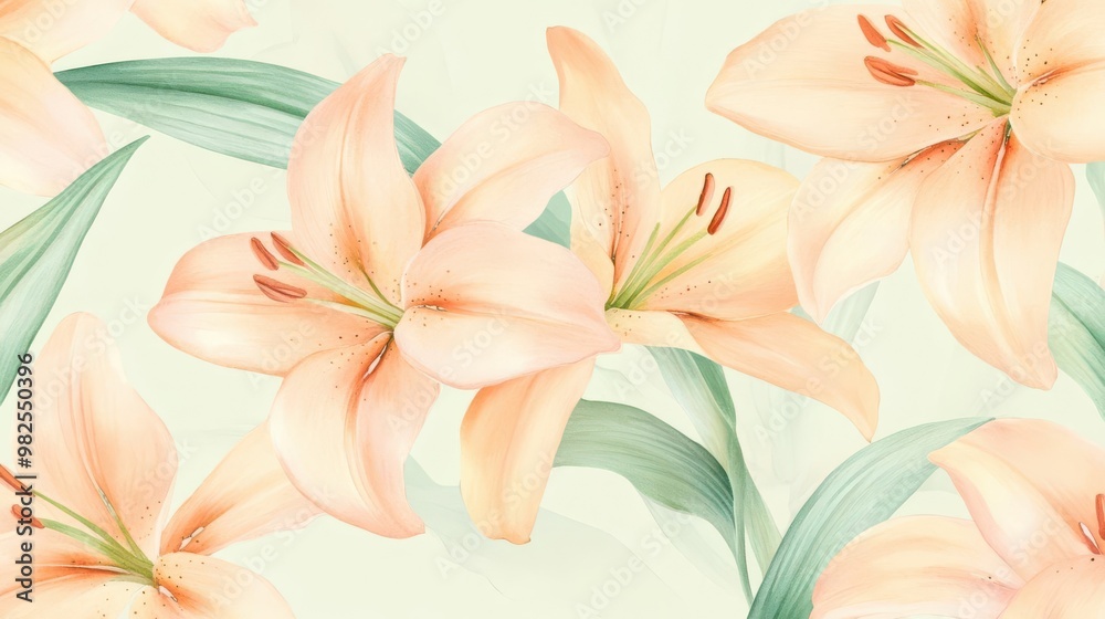 Fototapeta premium Subtle watercolor lilies in soft pastel peach and mint green, seamless floral design with elegant simplicity