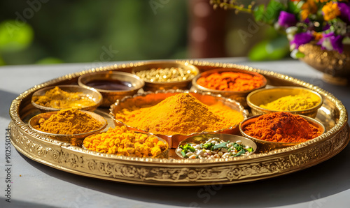 Beautifully Decorated Pooja Thali for diwali celebration to worship photo