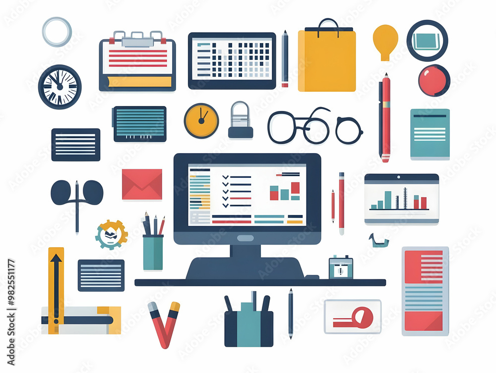 Flat Glossy Office Desk Illustration with Business Tools and Digital Coupons - Ideal for Marketing Campaigns and Professional Advertisements Flat Glossy Office Desk Illustration with Business Tools and Digital Coupons - Ideal for Marketing Campaigns and Professional Advertisements