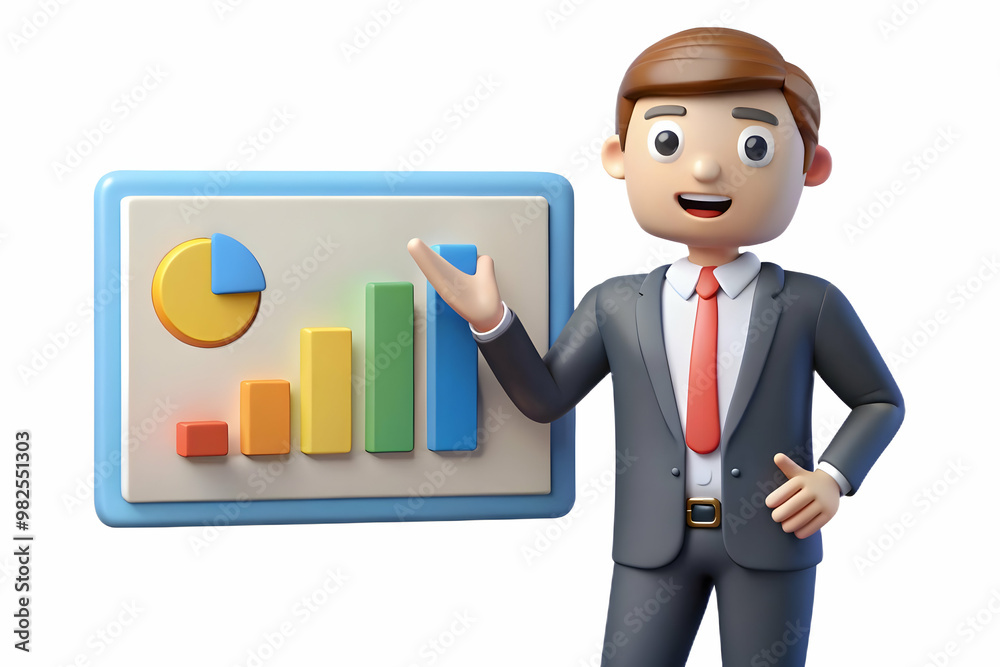 3D Candid Businessman Presenting Retail Performance Data Concept for Data-Driven Decisions in Marketing Strategy - Isolated on White Background