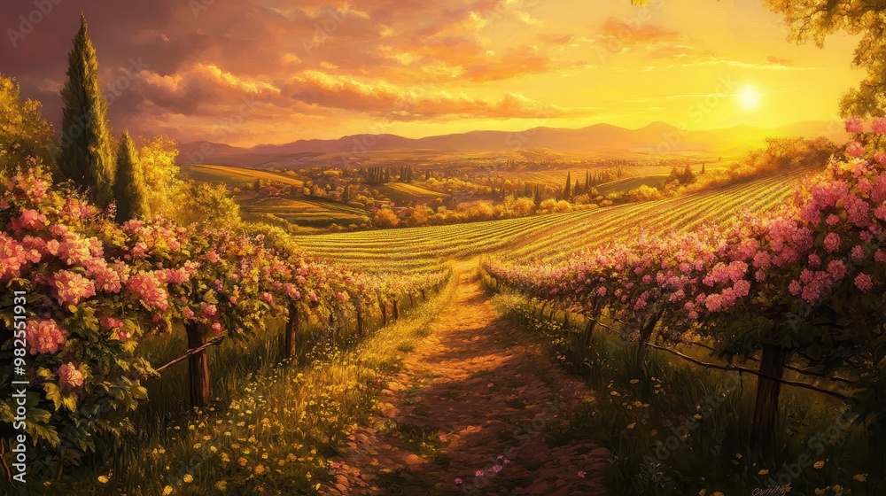 Naklejka premium Vineyard Sunset Landscape with a Winding Path
