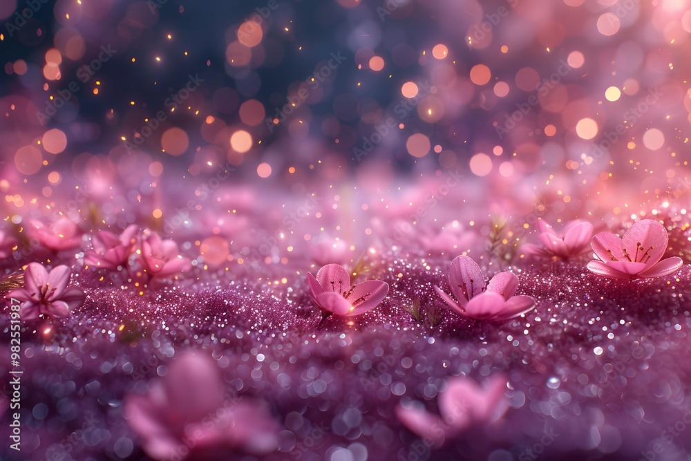 Magical Spring Bloom: Glittering Pink Flower Field with Bokeh Lighting - Nature Fantasy Design for Cards, Posters, and Wall Art Magical Spring Bloom: Glittering Pink Flower Field with Bokeh Lighting - Nature Fantasy Design for Cards, Posters, and Wall Art