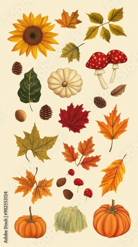 Watercolor of autumn elements set with Pumpkins,maple leaves,mushrooms,sunflower,Collection autumn seasonal holidays design,Thanksgiving,Halloween,Handmade art,party posters,decorate your artwork.