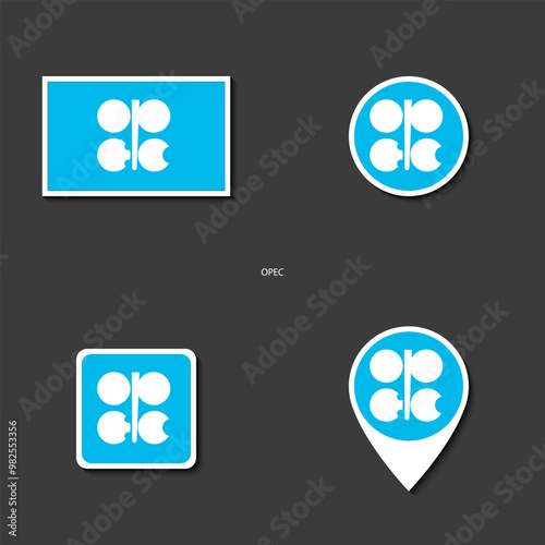 OPEC flag icon set in rectangle, circle, square and pin icon on grey background. OPEC sticker flag collection 