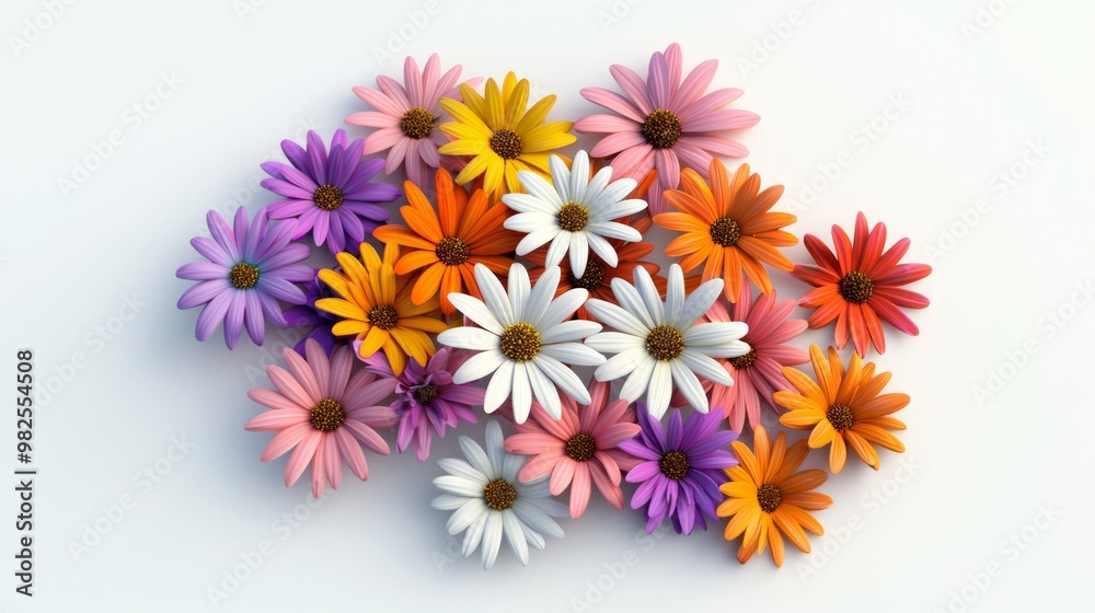 Obraz premium Vibrant 3D Render of Colorful Daisy Cluster on White Background with 45-Degree Inclination