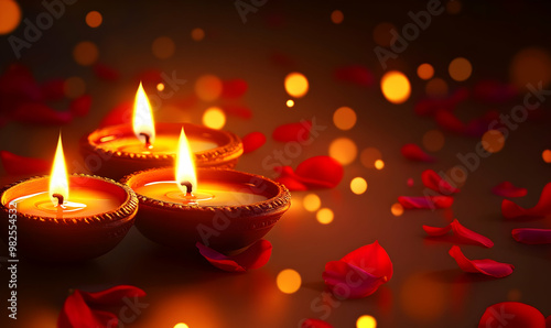 Diwali Celebration with Lit Diyas and Flower Petals for your background bussines