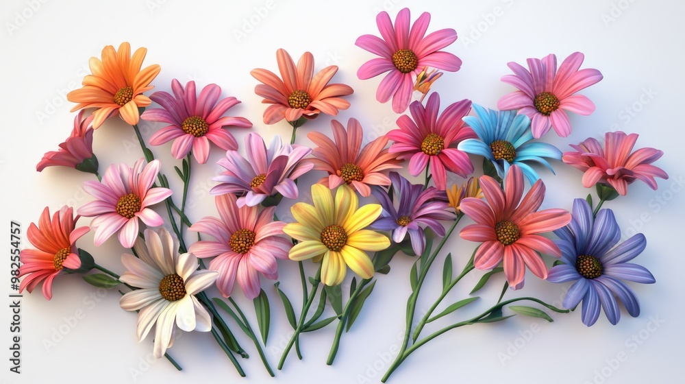 Fototapeta premium Vivid 3D Render of Colorful Daisies on White Background at 45-Degree Angle