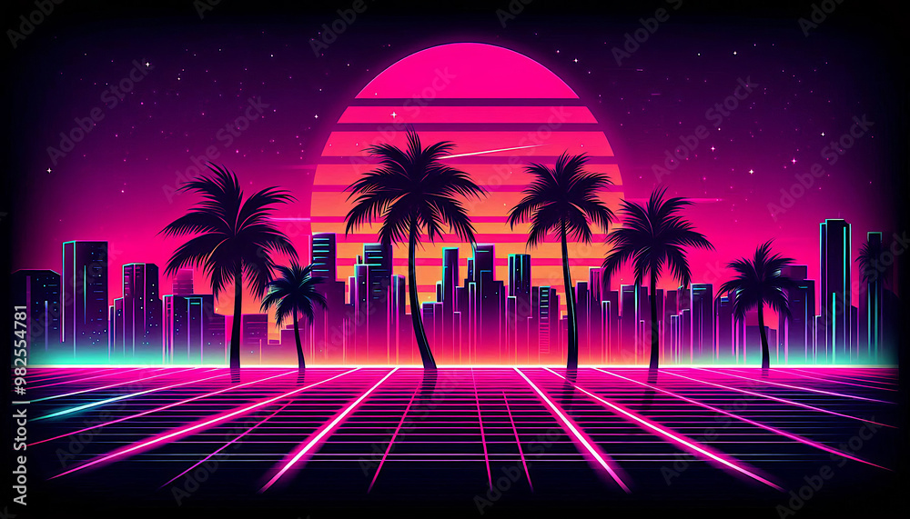 Fototapeta premium Neon city scene with silhouettes of palm trees against sunset, done in retro 80s style with bright pink and purple tones