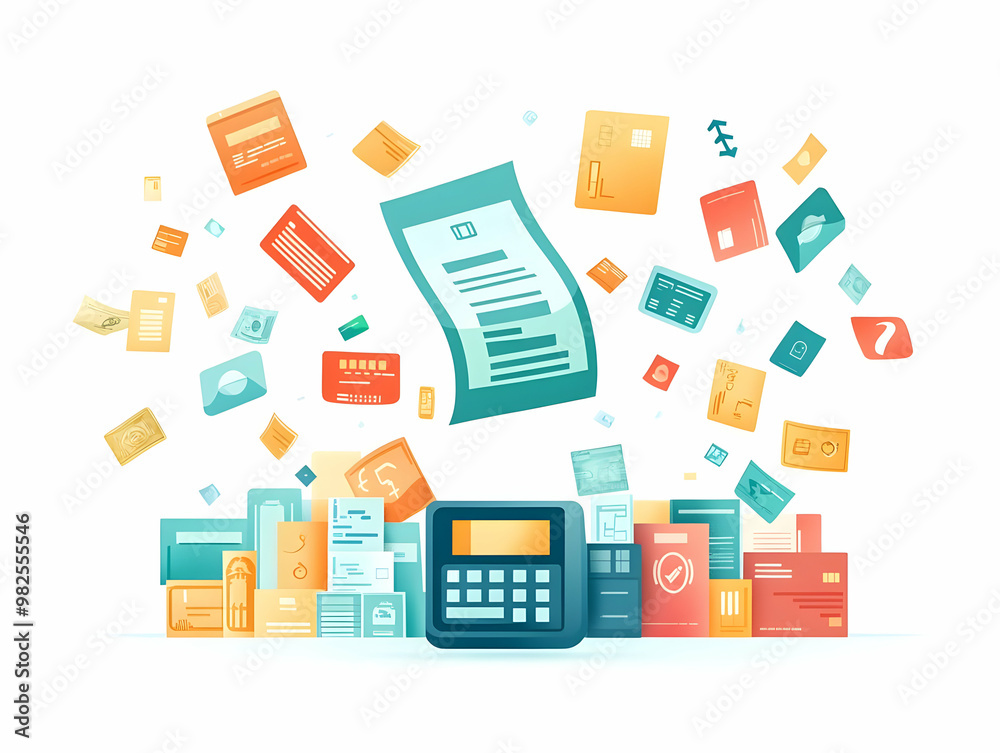 Fototapeta premium Flat Levitating Receipt with Payment Icons Concept: A Floating Receipt Showcasing Digital Transactions, Ideal for Fintech and E-Commerce Content in Simple Flat Vector Illustration