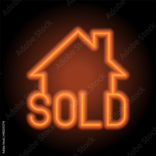 Sold, house simple icon vector. Flat design. Orange neon on black background