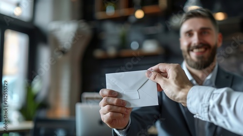 Happy Payday: Businessman Smiling with a Surprise Envelope. Reward,recognition,achievement,finance,investment,Christmas bonus.