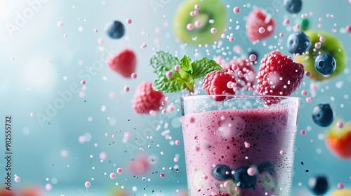 A colorful array of fruits and vegetables being blended into a smoothie, showcasing the process of creating a nutritious beverage.