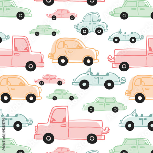 toy cars seamless pattern hand drawn doodle. vector, minimalism. cute baby print for textiles, wallpaper, wrapping paper. racing, transport, for boys.
