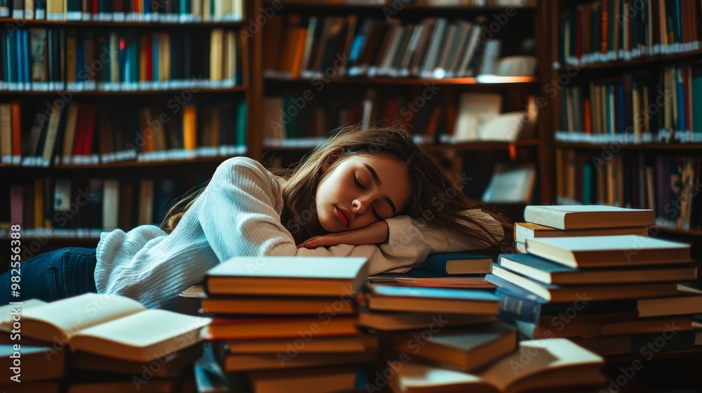 portrait of a girl in a library sleeping on a book portrait of a girl in a library sleeping on a book