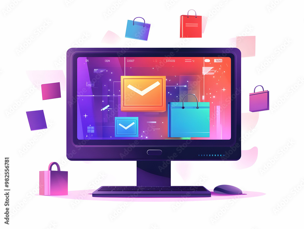 Flat Glossy Monitor on White Surface with Floating Holographic Retail and Coupon Symbols for Digital Marketing and Advertising Flat Glossy Monitor on White Surface with Floating Holographic Retail and Coupon Symbols for Digital Marketing and Advertising