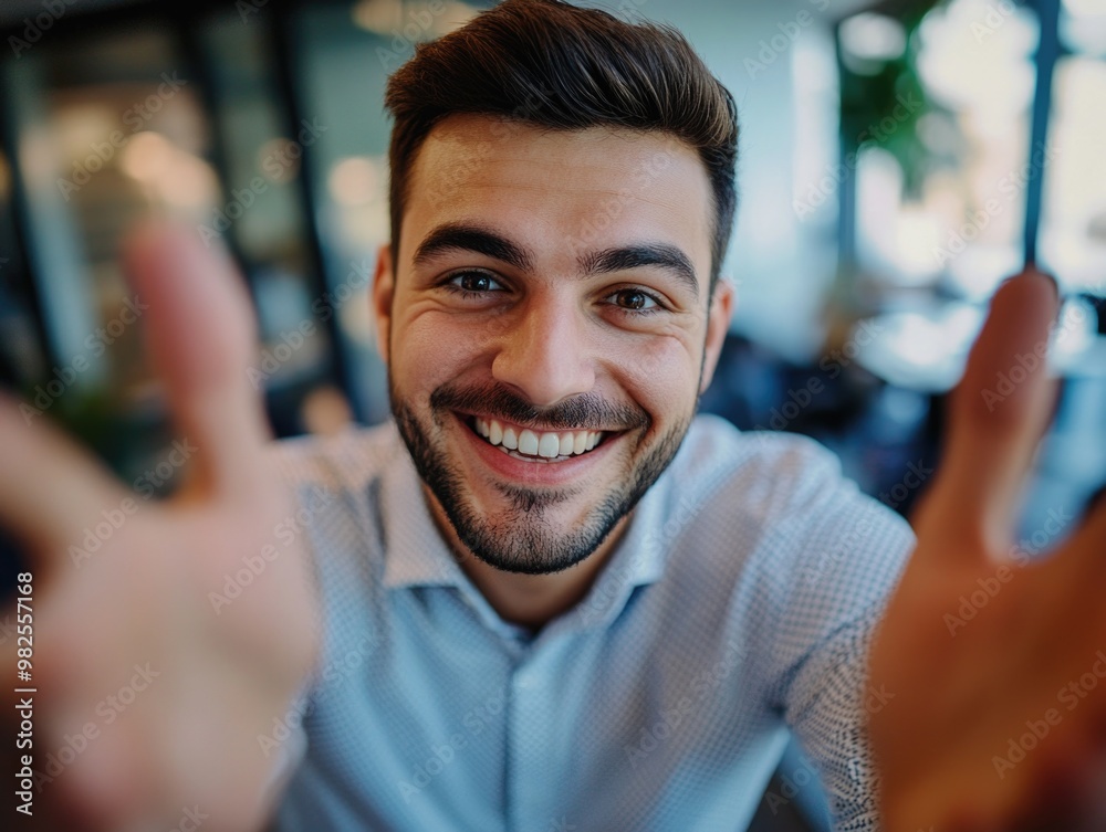 Smiling employee giving thumbs up. Smiling employee giving thumbs up.