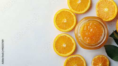 Elegant jar of homemade orange marmalade or jam with fresh oranges on clean white surface in natural light