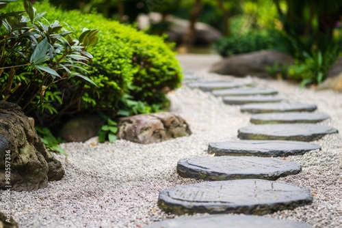 Stone Path Through Japanese Garden