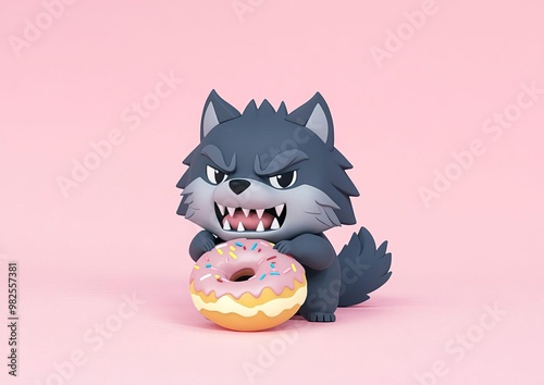 Whimsical Tiny Werewolf Indulging in a Colorful CandyCovered Donut Capturing the Perfect Blend of Fantasy and Sweet Treats for Creative Projects photo