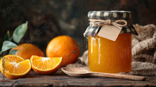 Jar of homemade orange marmalade or jam with fresh oranges and gingham fabric in a rustic kitchen setting