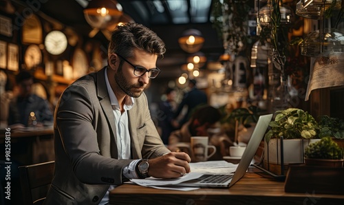 Man Sitting at Table Working on Laptop