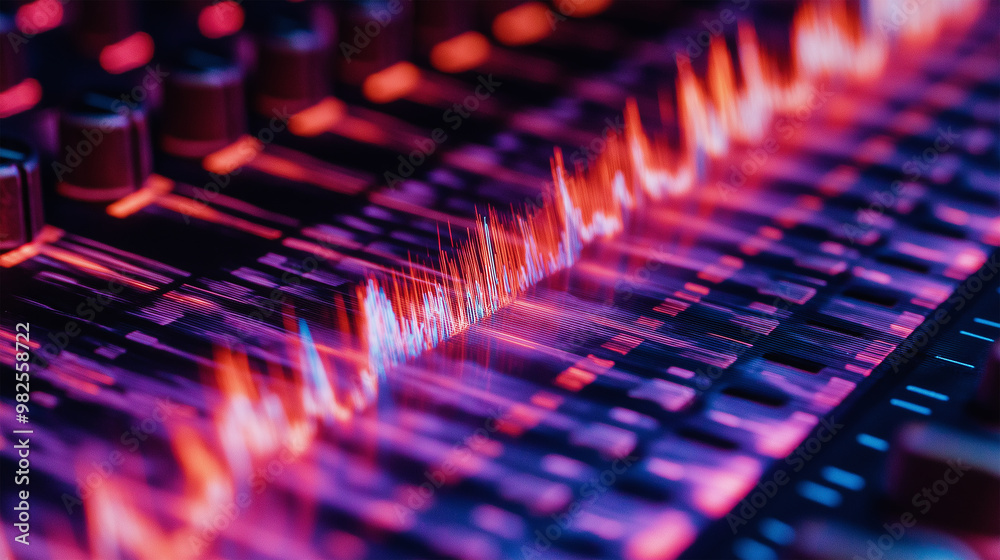 Illuminated Soundwaves Dancing Across a Mixer Board, Capturing the Fiery Essence of Music Through Vivid Hues of Red and Blue on a Dark Background in a Technological Symphony Illuminated Soundwaves Dancing Across a Mixer Board, Capturing the Fiery Essence of Music Through Vivid Hues of Red and Blue on a Dark Background in a Technological Symphony
