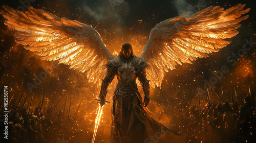 golden-winged male angel standing with a flaming sword in radiant armor before an army on the battlefield