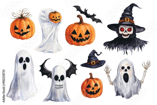 Watercolor Halloween Illustrations of Pumpkins, Ghosts, and a Witch