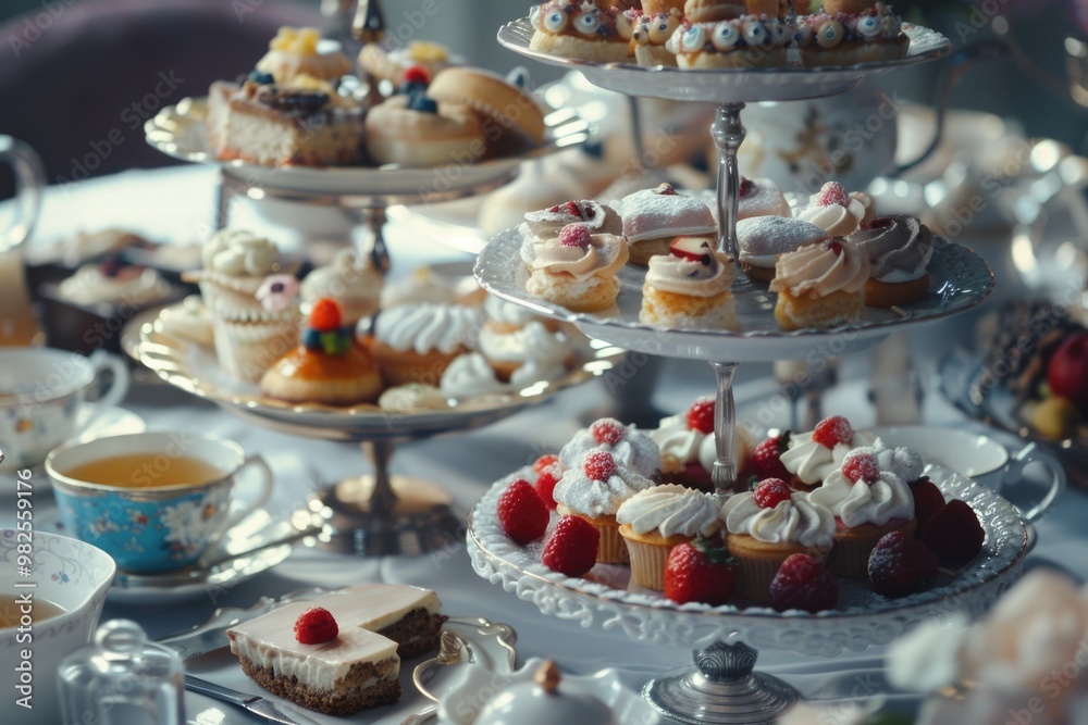 Naklejka premium The most exquisite dessert spread, featuring an array of cakes and pies, with attention to detail that suggests royalty or a grand celebration.