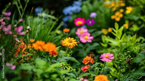 Brightly colored flowers blooming among green plants in a natural setting