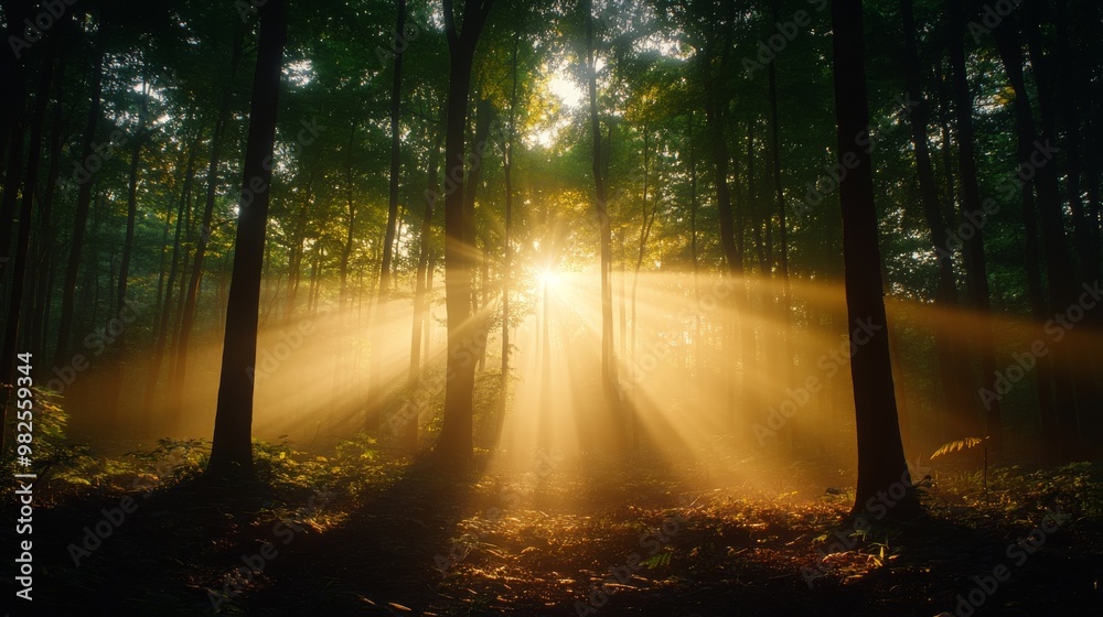 Obraz premium Sunbeams Through Misty Forest