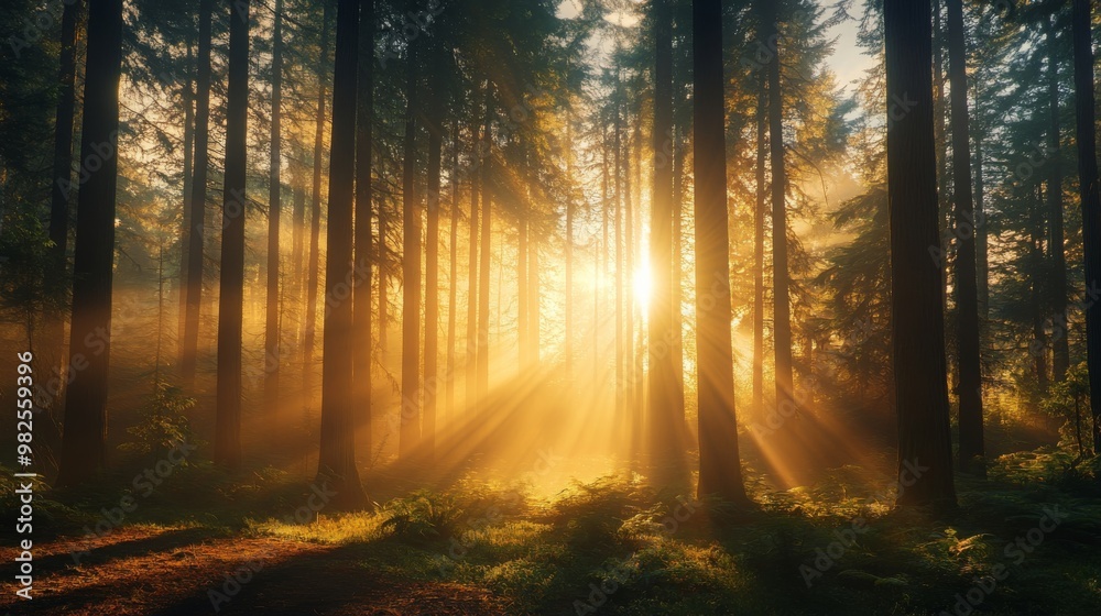 Fototapeta premium Sunbeams Through Misty Forest Trees
