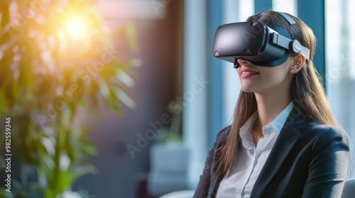 Businesswoman attending a virtual reality networking event photo