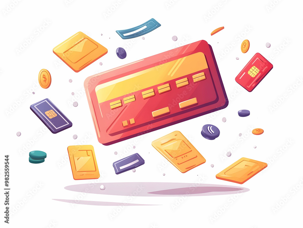 Flat Levitating Credit Card and Payment Icons - Modern Finance Concept in Simple Vector Design for Fintech and E-Commerce