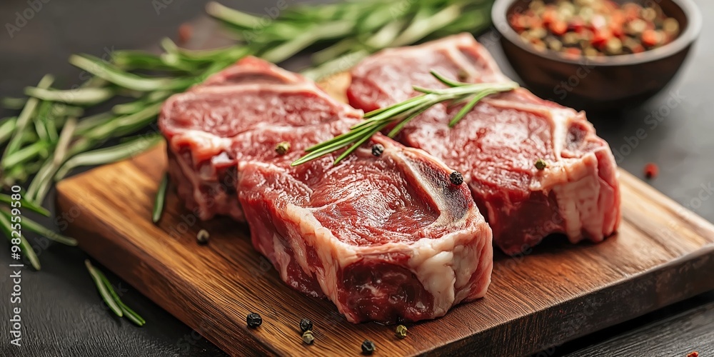 Three pieces of fresh raw steak placed on a wooden board, garnished with rosemary and peppercorns in a kitchen setting. Three pieces of fresh raw steak placed on a wooden board, garnished with rosemary and peppercorns in a kitchen setting.