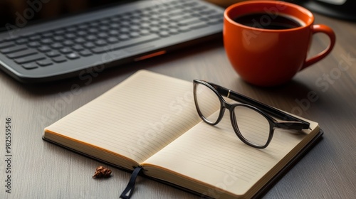 Open Notebook with Glasses Coffee Cup and Keyboard on Desk