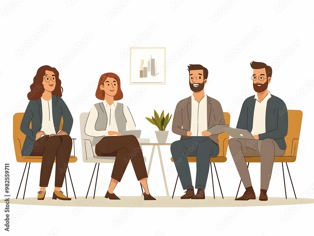 Obraz premium Flat Candid Business Discussion on Retail Trends: Dynamic Team Collaboration in a Casual Meeting for Effective Marketing Strategy and Innovation