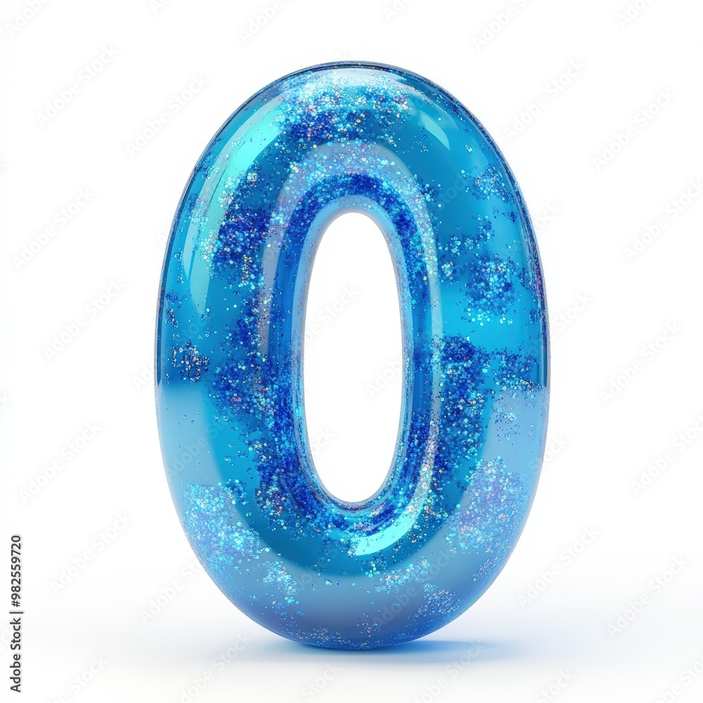 3D number 0 with blue liquid with glitters in glass number texture realistic modern design, soft lighting, white background. 3D number 0 with blue liquid with glitters in glass number texture realistic modern design, soft lighting, white background.