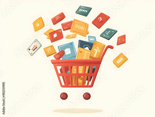 Flat Levitating Shopping Basket with Payment Icons: A Modern E-Commerce Illustration for Online Shopping and Payment Processing in Simple Vector Design