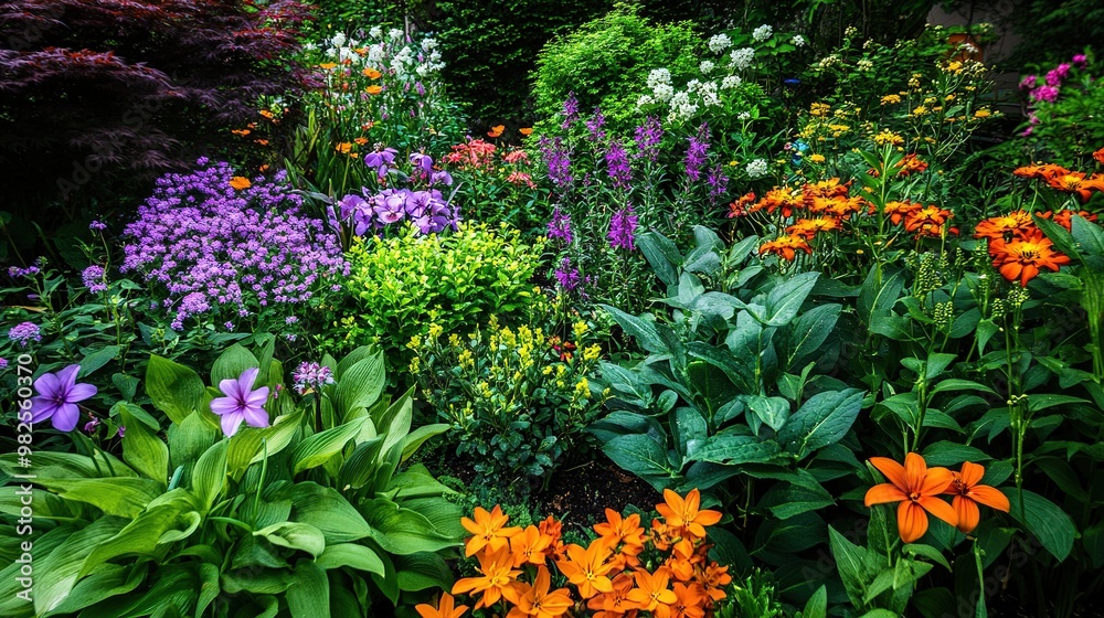Bright flowers blooming among a variety of green plants and shrubs Bright flowers blooming among a variety of green plants and shrubs