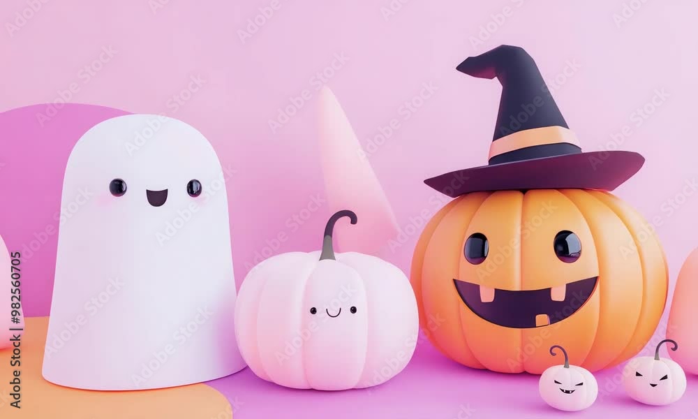 3D rendering of cute ghost and smiling pumpkins with a witch hat on a pink background 3D rendering of cute ghost and smiling pumpkins with a witch hat on a pink background