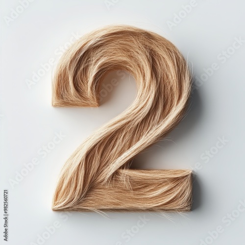 3D number 2 with human hair on the skin texture realistic modern design, soft lighting, white background. 