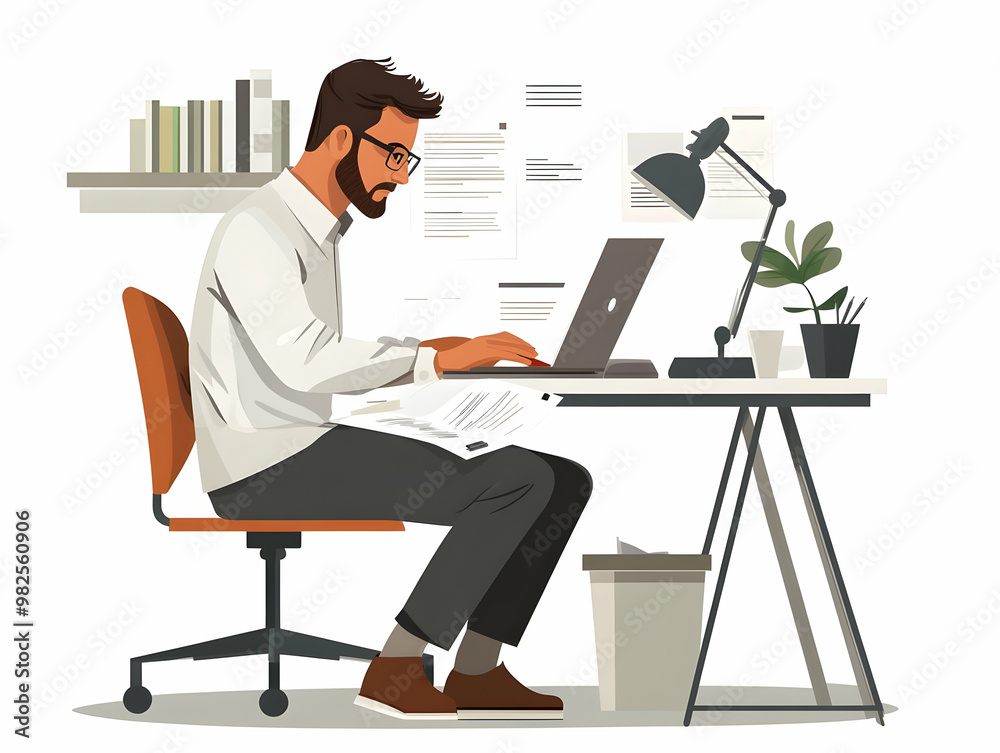 Flat Vector Illustration of a Candid Businessman Reviewing Acquisition Documents at His Desk - Perfect for Financial Services and Business Promotions Flat Vector Illustration of a Candid Businessman Reviewing Acquisition Documents at His Desk - Perfect for Financial Services and Business Promotions