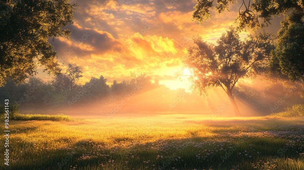 Obraz premium Golden Sunset Rays Through Trees and Meadow