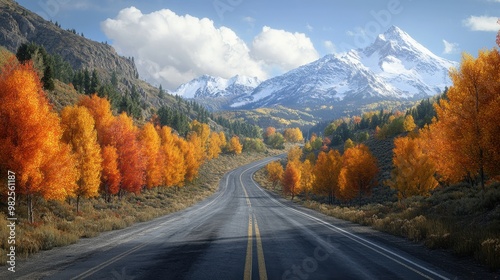 Autumn Road Leading Towards Snow-Capped Mountains