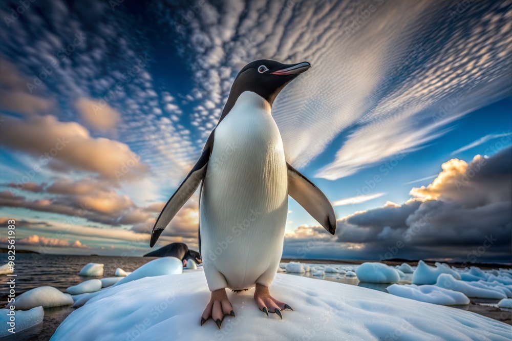 Fototapeta premium A Adelie penguin standing on an ice floe against a dramatic cloudy sky