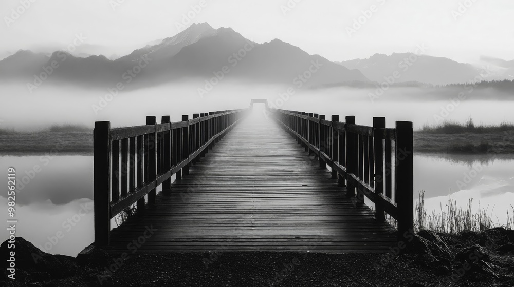 Fototapeta premium Misty Mountain Bridge Path Black And White