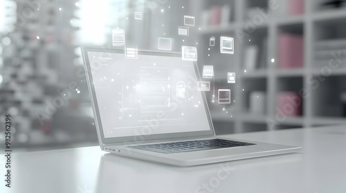 3D Glossy Laptop on White Surface with Floating Holographic Retail and Coupon Icons � Professional Design for E-commerce Promotions